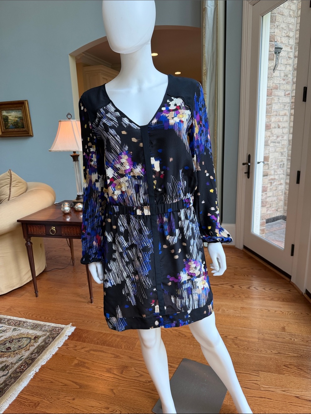 leifsdottir 100% Silk Black Abstract Brushstroke V-Neck Long Sleeve Dress